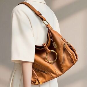 Luce Cognac Pebbled Leather Hobo Shoulder Bag Gold Ring Hardware Brown